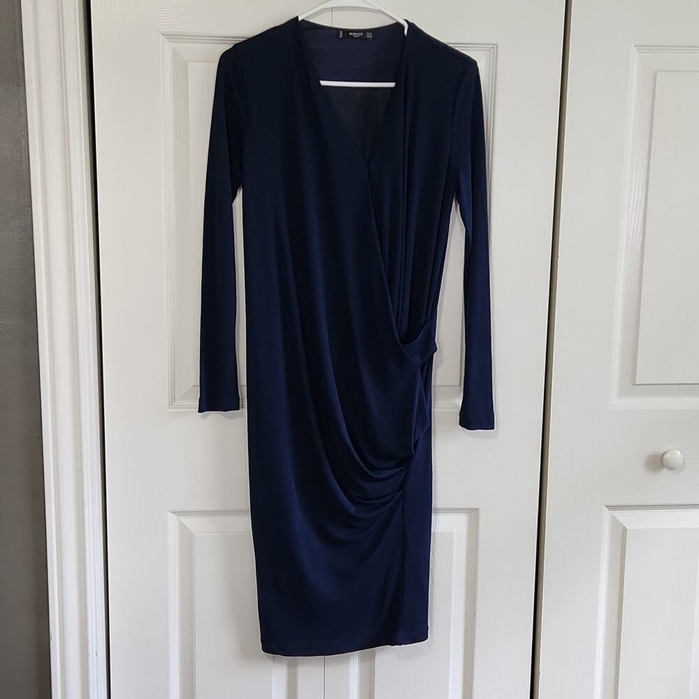 Mango Navy Blue Faux Wrap Dress Size 4 Midi Academia Long Sleeve Business‎